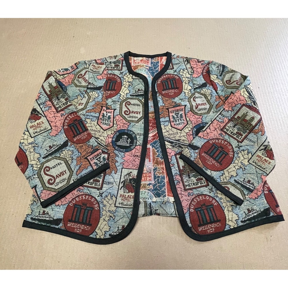 Vintage 80s/90s Woven M Tapestry Novelty‎ Travel Crop Blazer / Open-Front Jacket